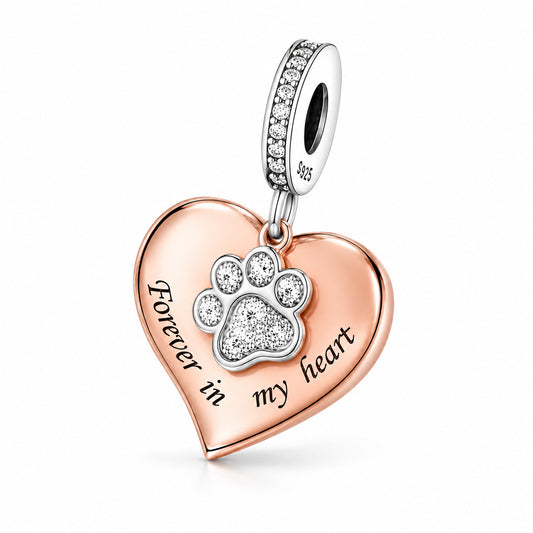 Forever in my heart Rose Gold Pet Cat Dog Memorial Charm Hallmarked S925 Sterling Silver