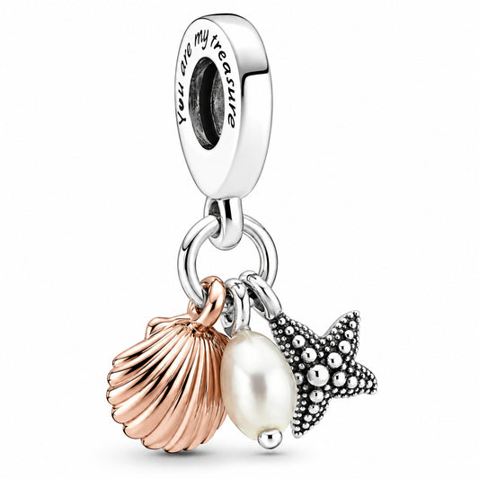 Freshwater Cultured Pearl, Starfish & Shell Triple Dangle Charm Hallmarked S925 Sterling Silver
