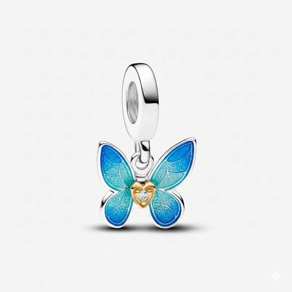 Heart Butterfly Dangle Charm Hallmarked S925 Sterling Silver