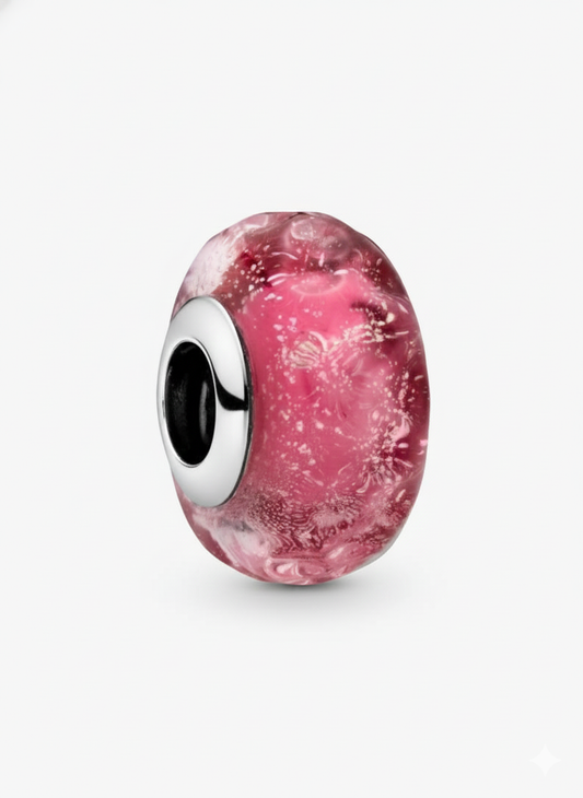 Wavy Fancy Pink Murano Glass Charm Hallmarked S925 Sterling Silver