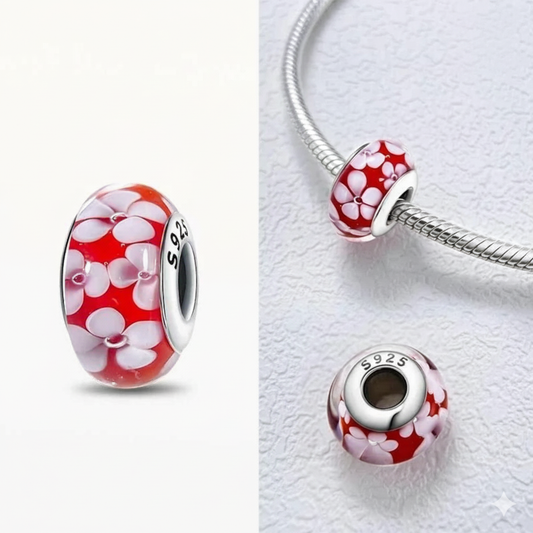 Red Murano Glass Cherry Blossom Charm Hallmarked S925 Sterling Silver