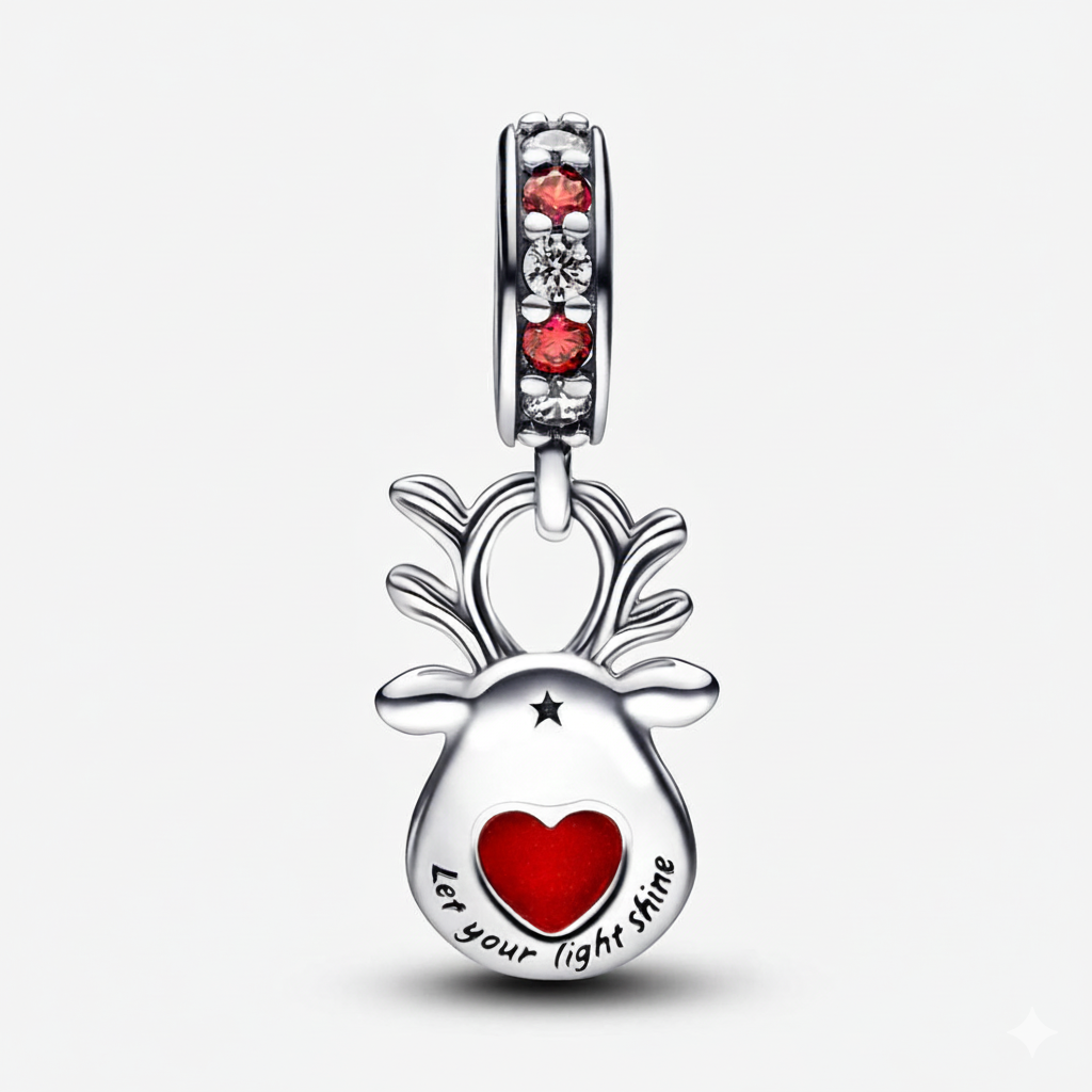Red Nose Reindeer Murano Dangle Charm Hallmarked S925 Sterling Silver