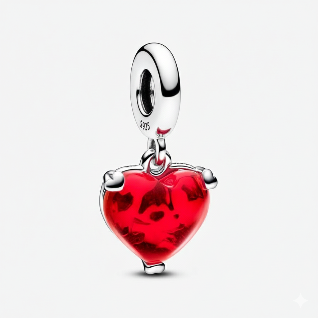 Disney Mickey Mouse & Minnie Mouse Kiss Red Murano Glass Dangle Charm Hallmarked S925 Sterling Silver