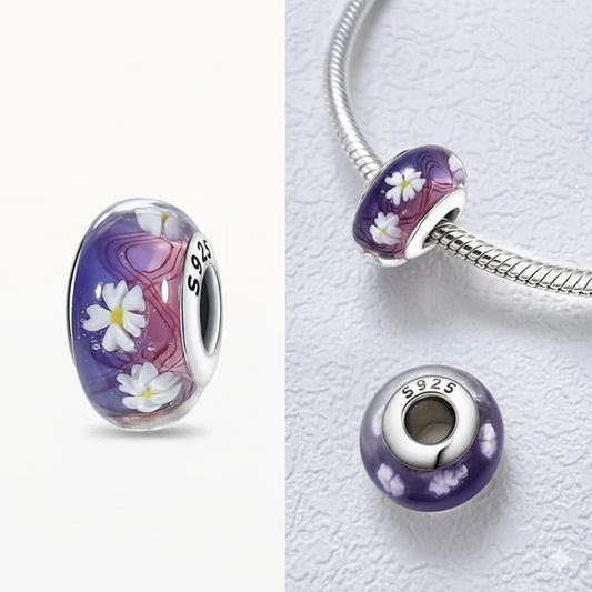 Pink and Purple Murano Glass Cherry Blossom Charm Hallmarked S925 Sterling Silver
