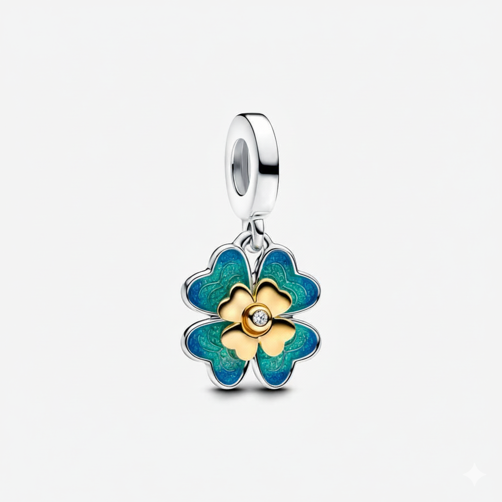 Spinnable Four Leaf Clover Dangle Charm Hallmarked S925 Sterling Silver