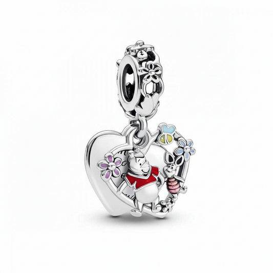 Disney Winnie the Pooh & Piglet Heart Double Dangle Charm Hallmarked S925 Sterling Silver