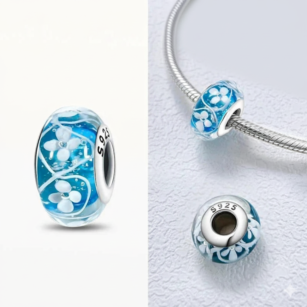 Blue Murano Glass Daisy Charm Hallmarked S925 Sterling Silver
