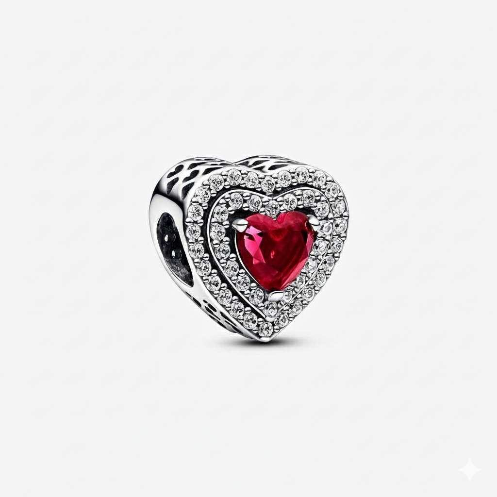 Sparkling Levelled Heart Red Charm Hallmarked S925 Sterling Silver
