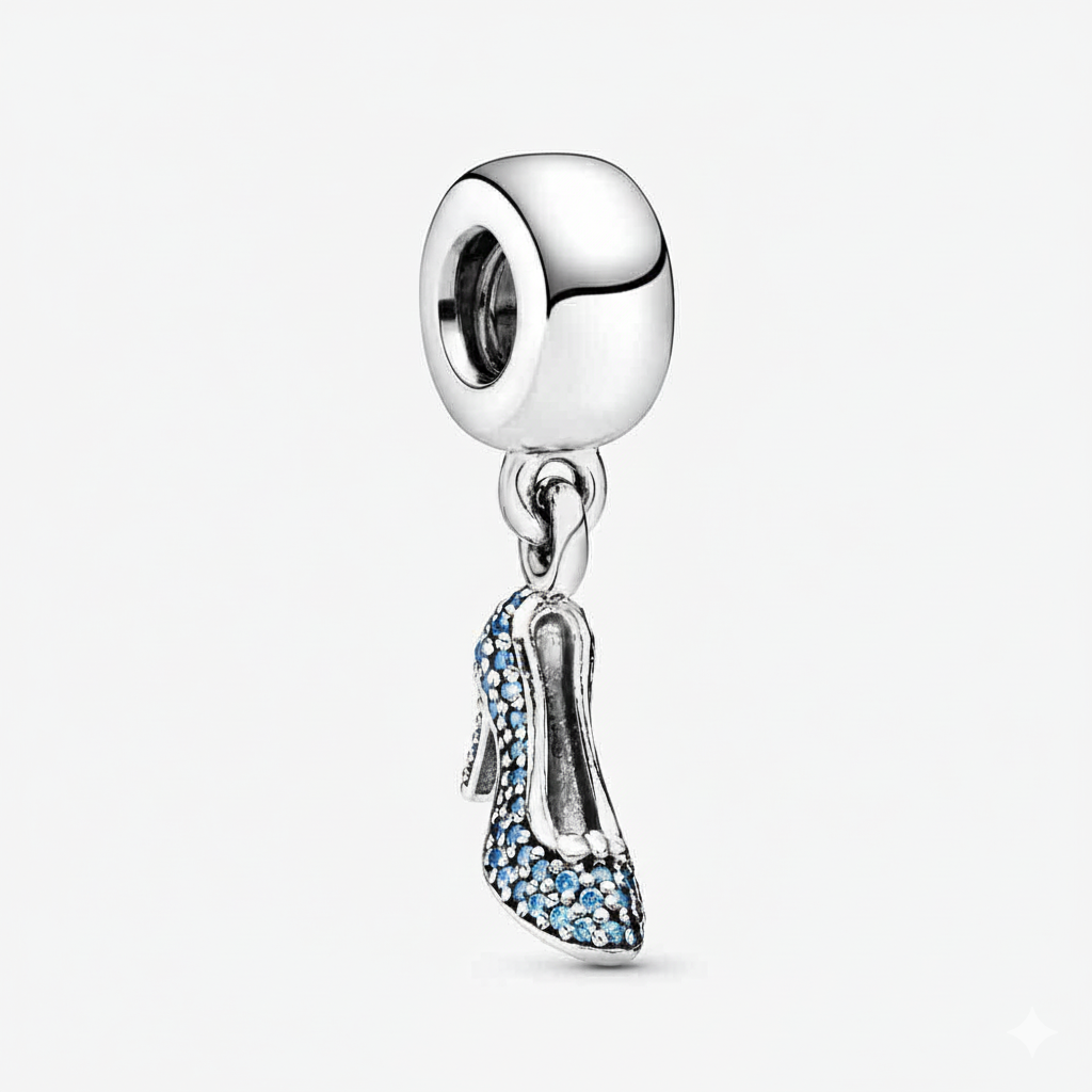 Disney Cinderella Pave Slipper Dangle Charm Hallmarked S925 Sterling Silver