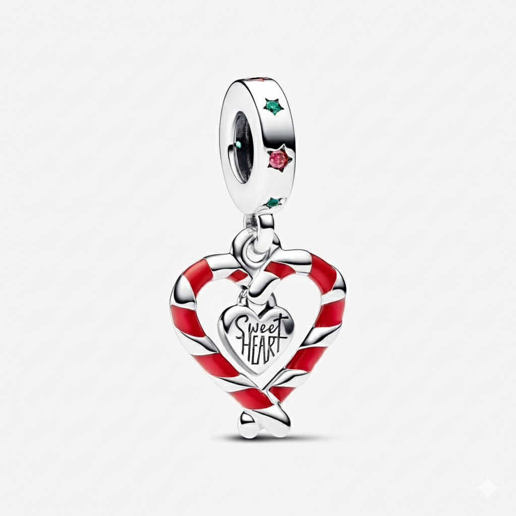 Double Candy Cane Heart Christmas Dangle Charm Hallmarked S925 Sterling Silver
