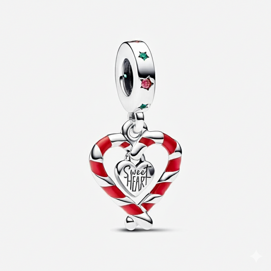 Double Candy Cane Heart Christmas Dangle Charm Hallmarked S925 Sterling Silver