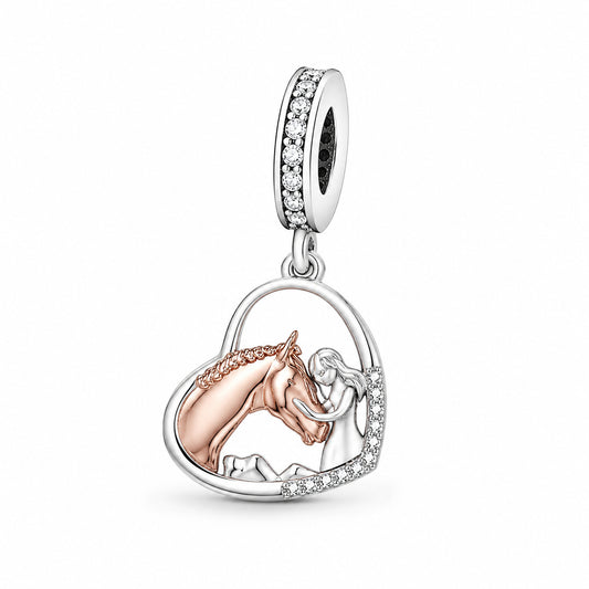 Girl and Her Horse Heart Charm S925 Hallmarked  Compatible Sterling Silver Charm