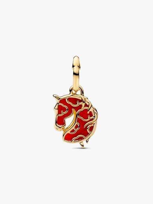 Gold Red Fire Horse Murano Glass Dangle Charm Hallmarked S925 Sterling Silver