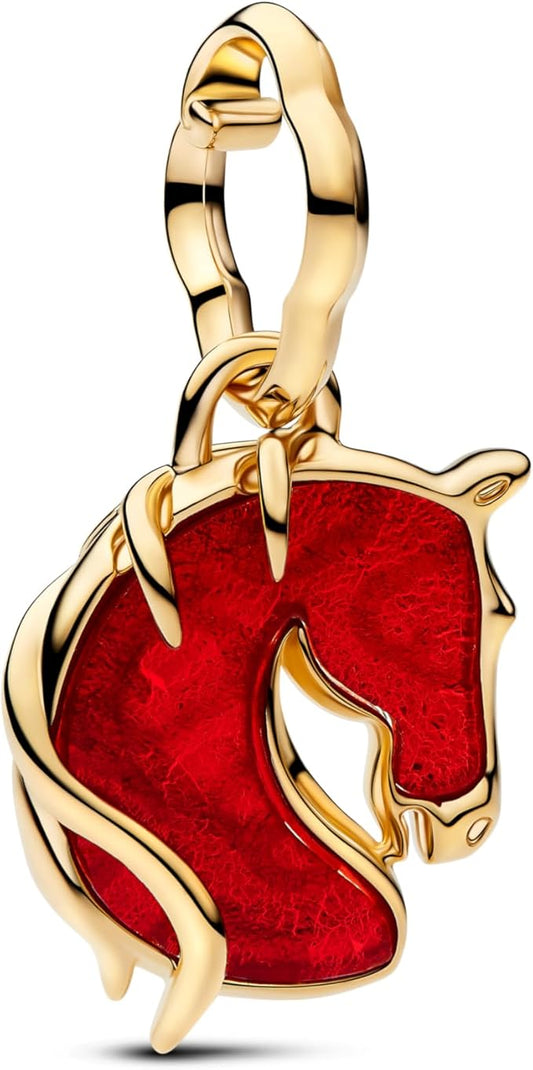 Gold Red Fire Horse Murano Glass Dangle Charm Hallmarked S925 Sterling Silver