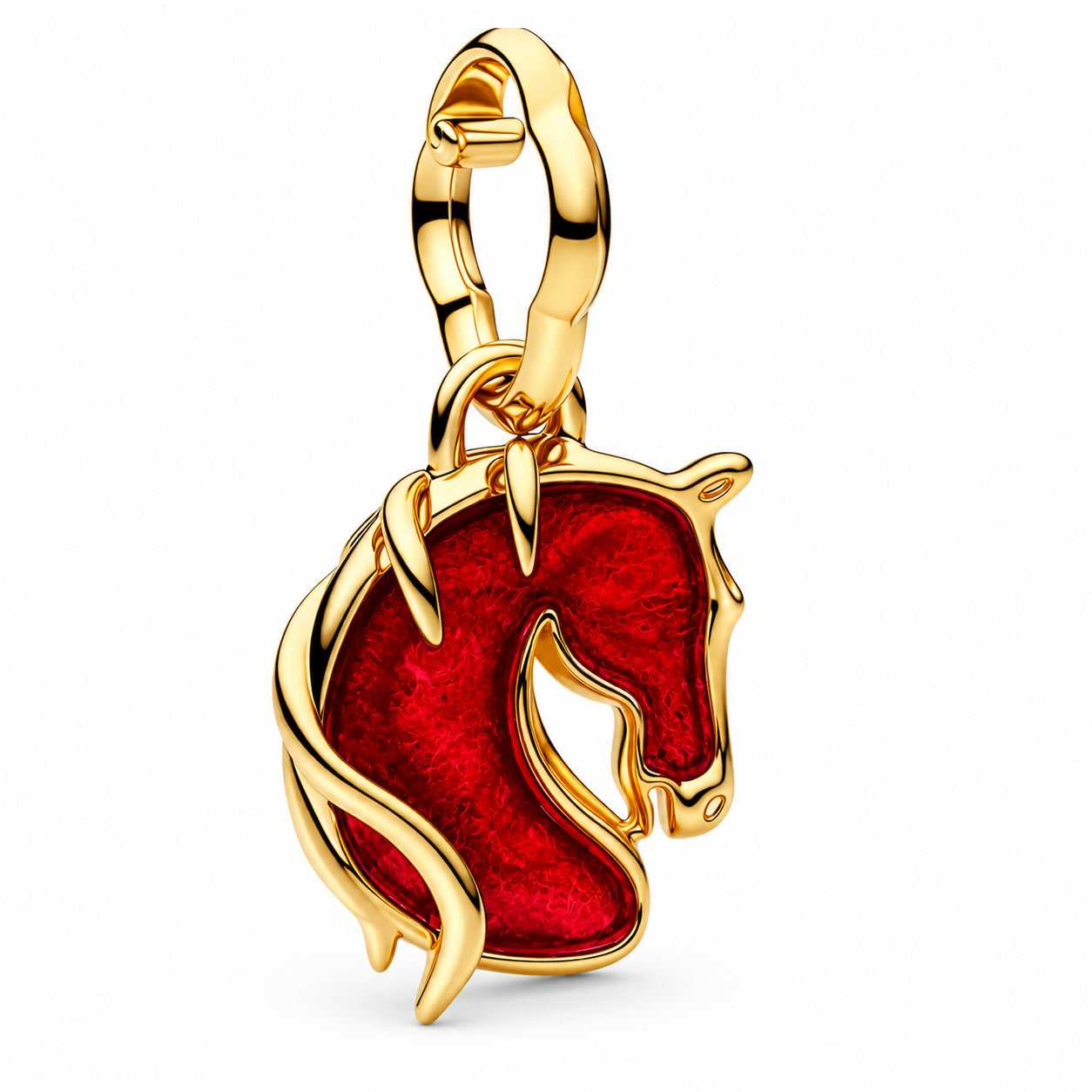 Gold Red Fire Horse Murano Glass Dangle Charm S925 Sterling Silver