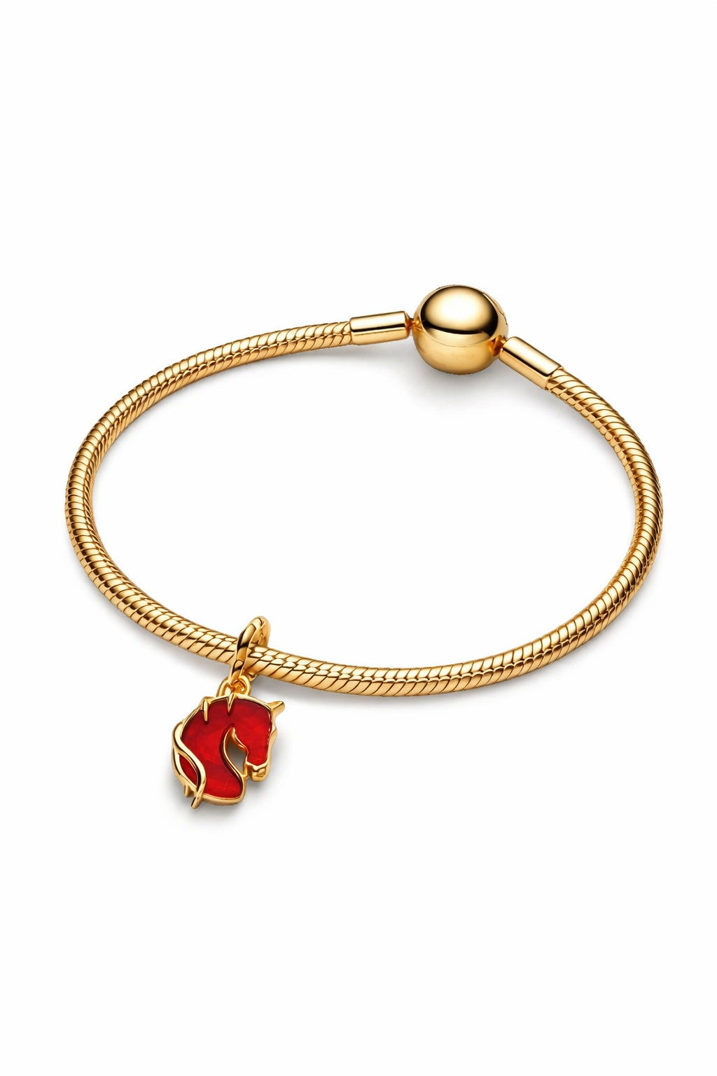 Gold Red Fire Horse Murano Glass Dangle Charm Hallmarked S925 Sterling Silver