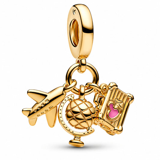 Golden Airplane, Globe & Suitcase Travel Dangle Charm Hallmarked S925 Sterling Silver