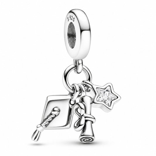 Graduation Triple Dangle Charm Hallmarked S925 Sterling Silver