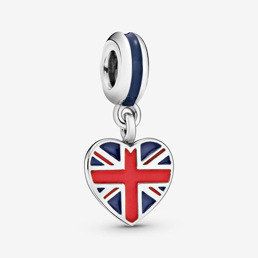 Great Britain Union Jack Heart Dangle Charm Hallmarked S925 Sterling Silver