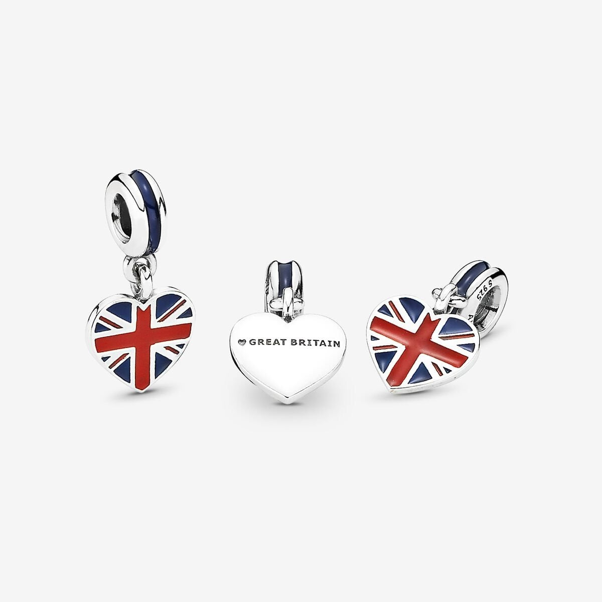 Great Britain Union Jack Heart Dangle Charm Hallmarked S925 Sterling Silver