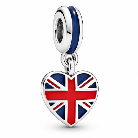 Great Britain Union Jack Heart Dangle Charm Hallmarked S925 Sterling Silver