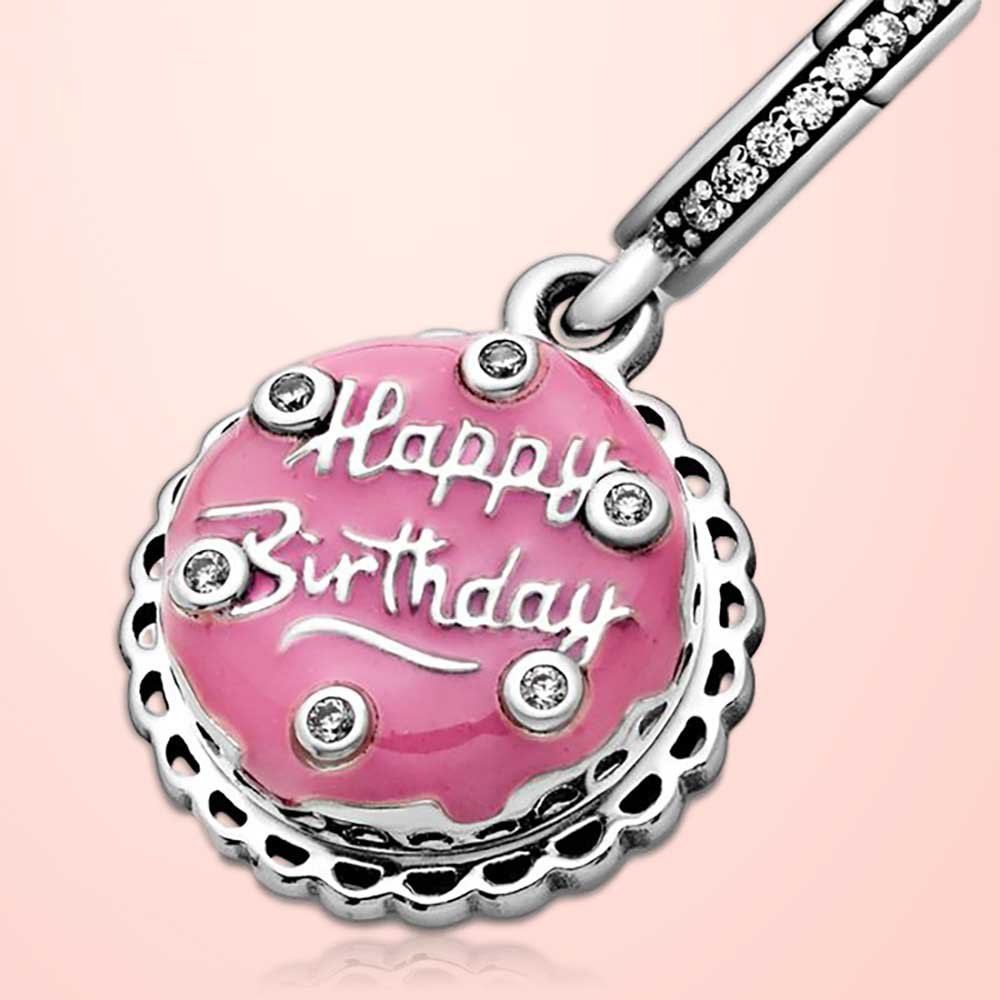 Birthday Cake Dangle Charm Hallmarked S925 Sterling Silver