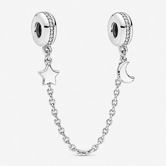 Half Moon & Star Safety Chain Charm Hallmarked S925 Sterling Silver