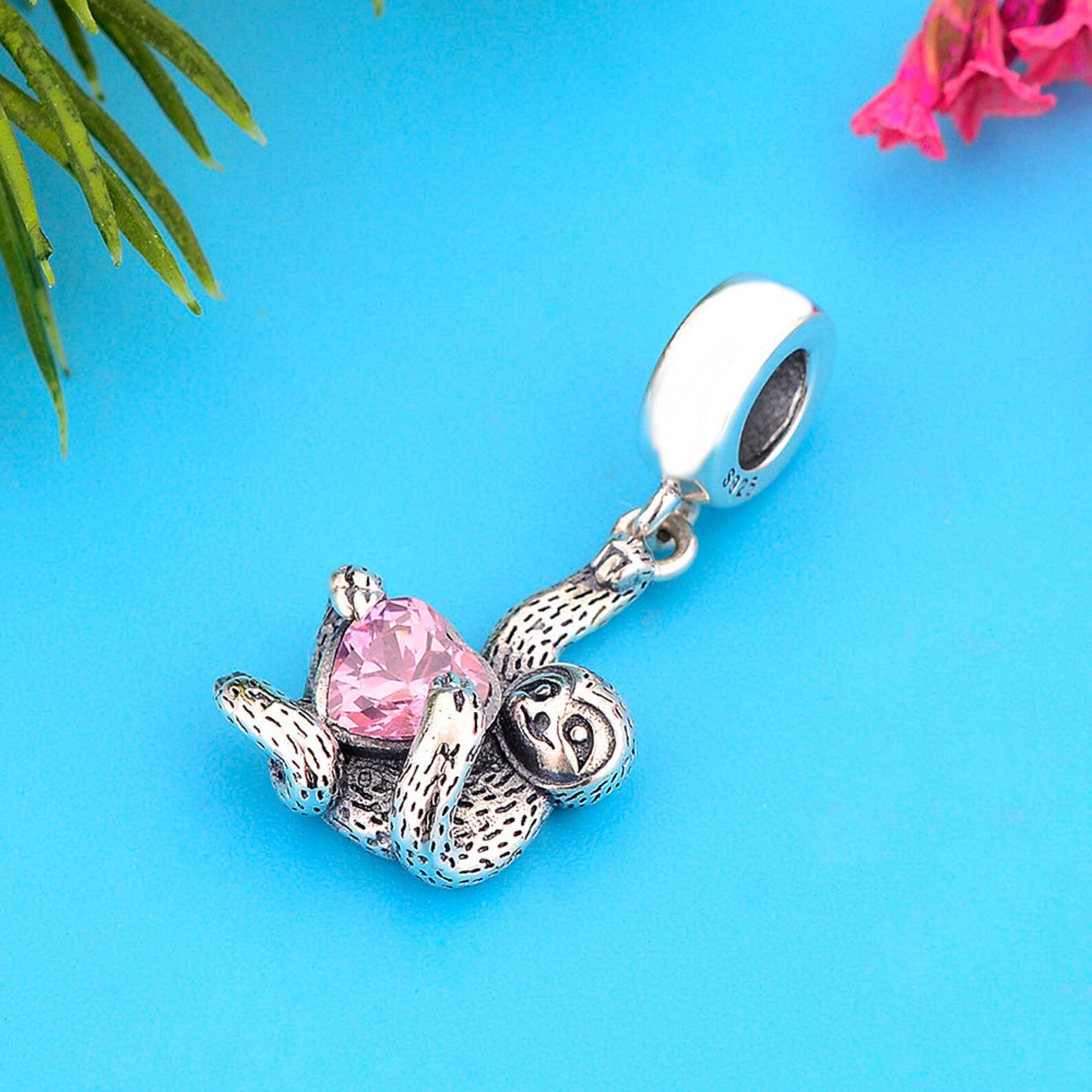 Hanging Sloth with Pink Heart Zircon Pendant Charm Hallmarked S925 Sterling Silver