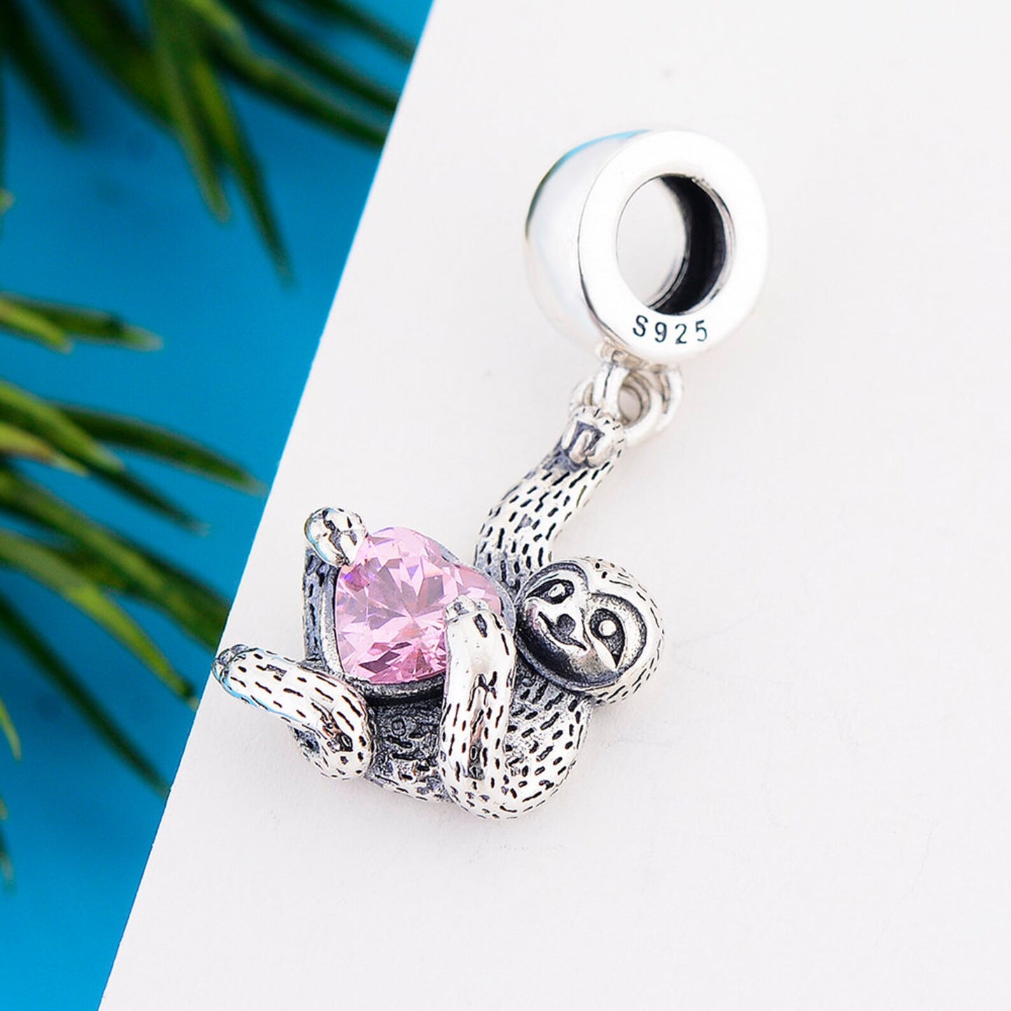 Hanging Sloth with Pink Heart Zircon Pendant Charm Hallmarked S925 Sterling Silver