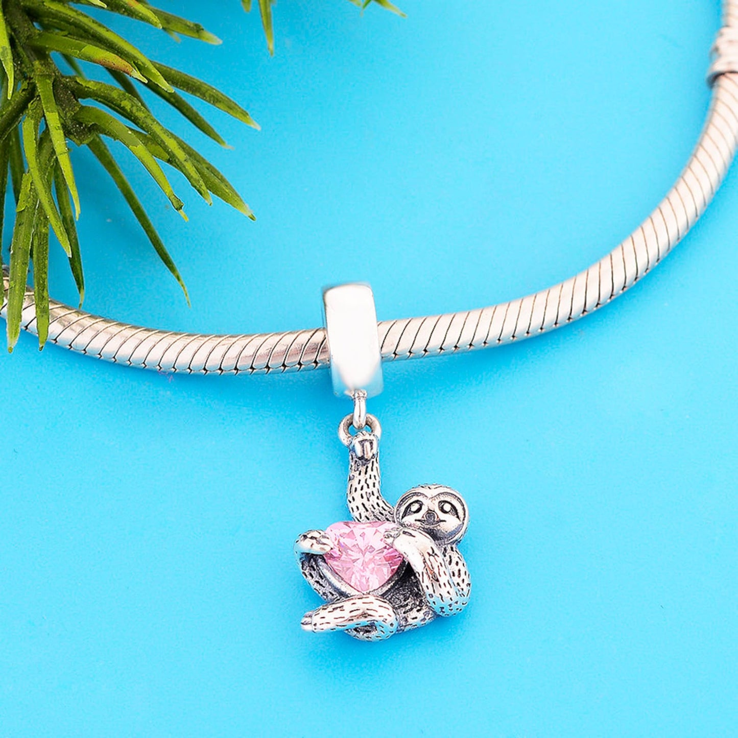 Hanging Sloth with Pink Heart Zircon Pendant Charm Hallmarked S925 Sterling Silver