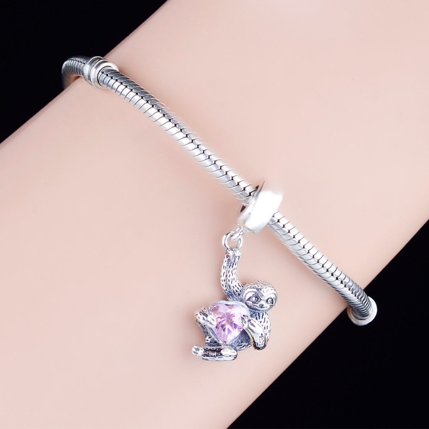 Hanging Sloth with Pink Heart Zircon Pendant Charm Hallmarked S925 Sterling Silver