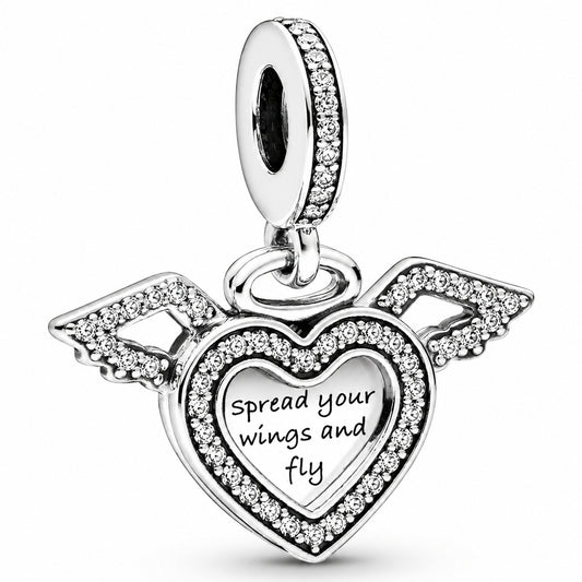 Heart & Angel Wings Dangle Charm S925 Hallmarked Compatible Sterling Silver Charm