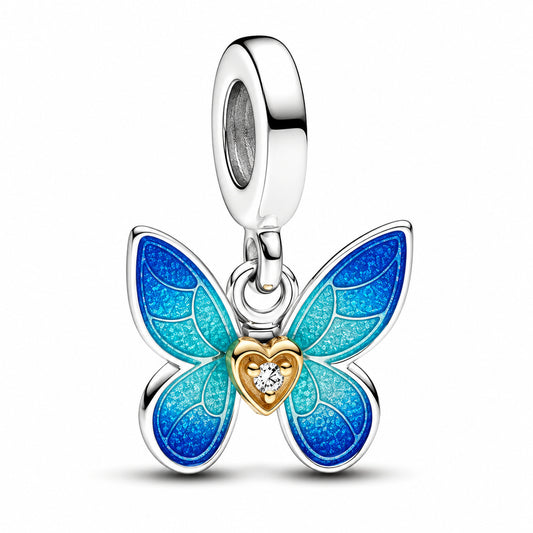 Heart Butterfly Dangle Charm Hallmarked S925 Sterling Silver