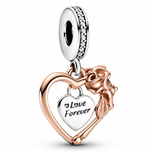 Heart & Rose Flower Dangle Charm S925 Hallmarked Compatible Sterling Silver Charm