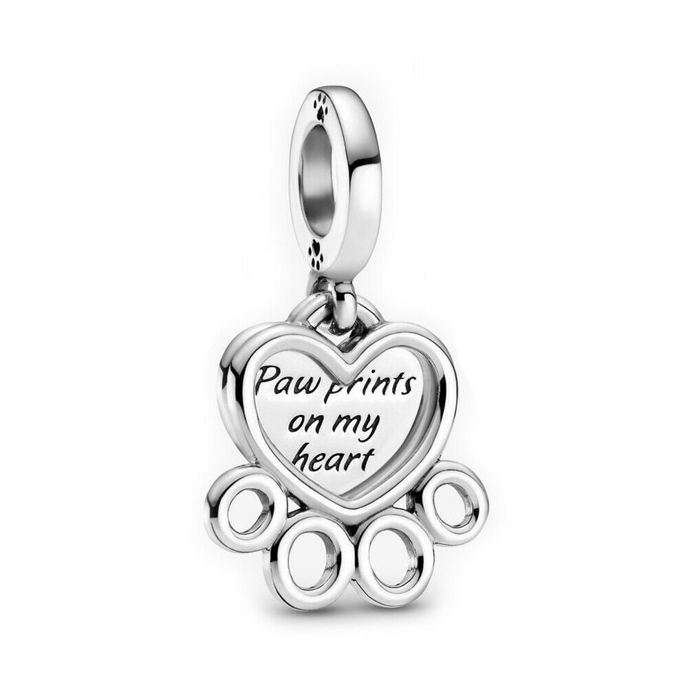 Dog Paw Print & Heart Dangle Charm Hallmarked S925 Sterling Silver