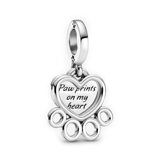 Dog Paw Print & Heart Dangle Charm Hallmarked S925 Sterling Silver