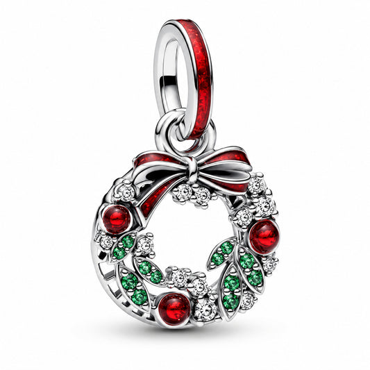 Holiday Wreath Double Dangle Charm Hallmarked S925 Sterling Silver