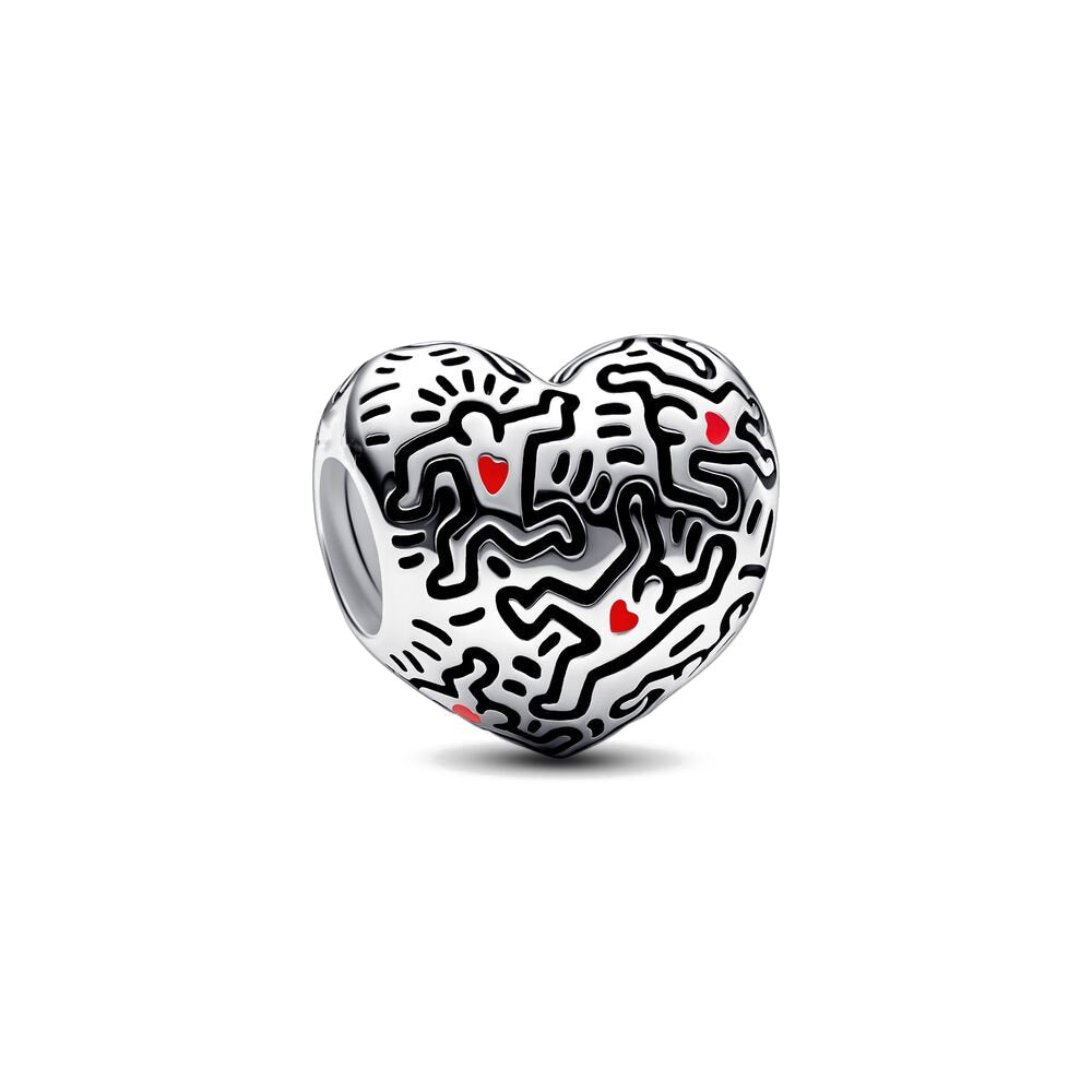 Keith Haring Line Art People Heart Charm Hallmarked S925 Sterling Silver