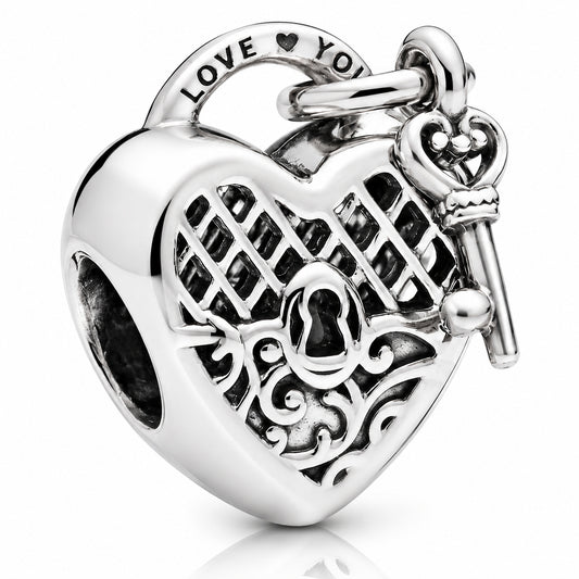 Key & Lock Heart Charm Hallmarked S925 Sterling Silver