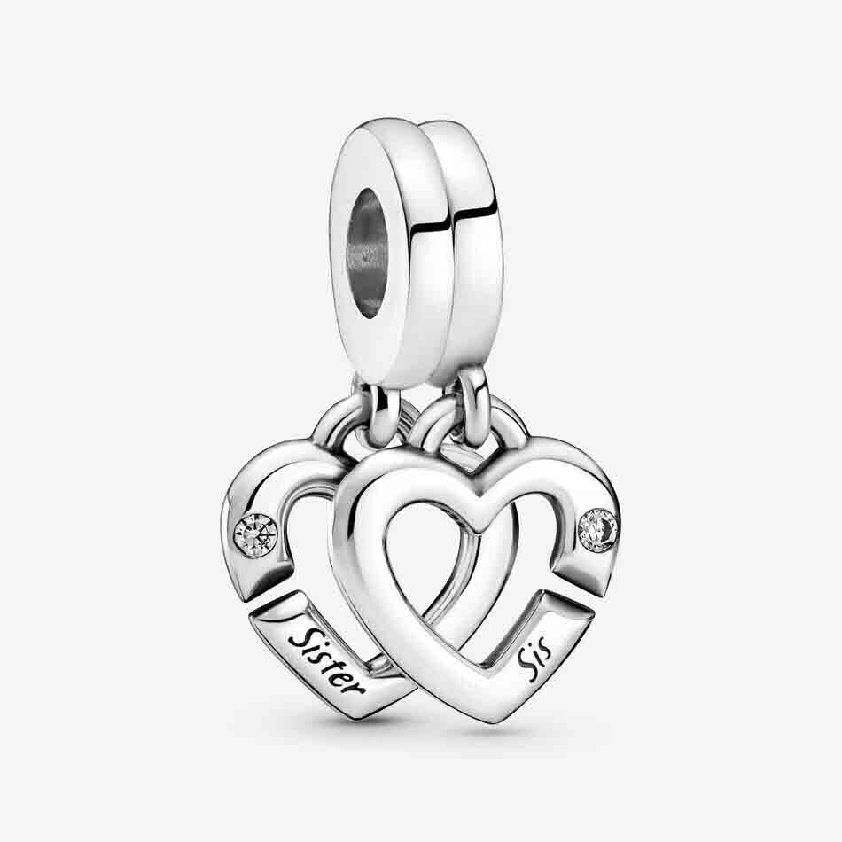 Sisters Heart Dangle Charm Hallmarked S925 Sterling Silver