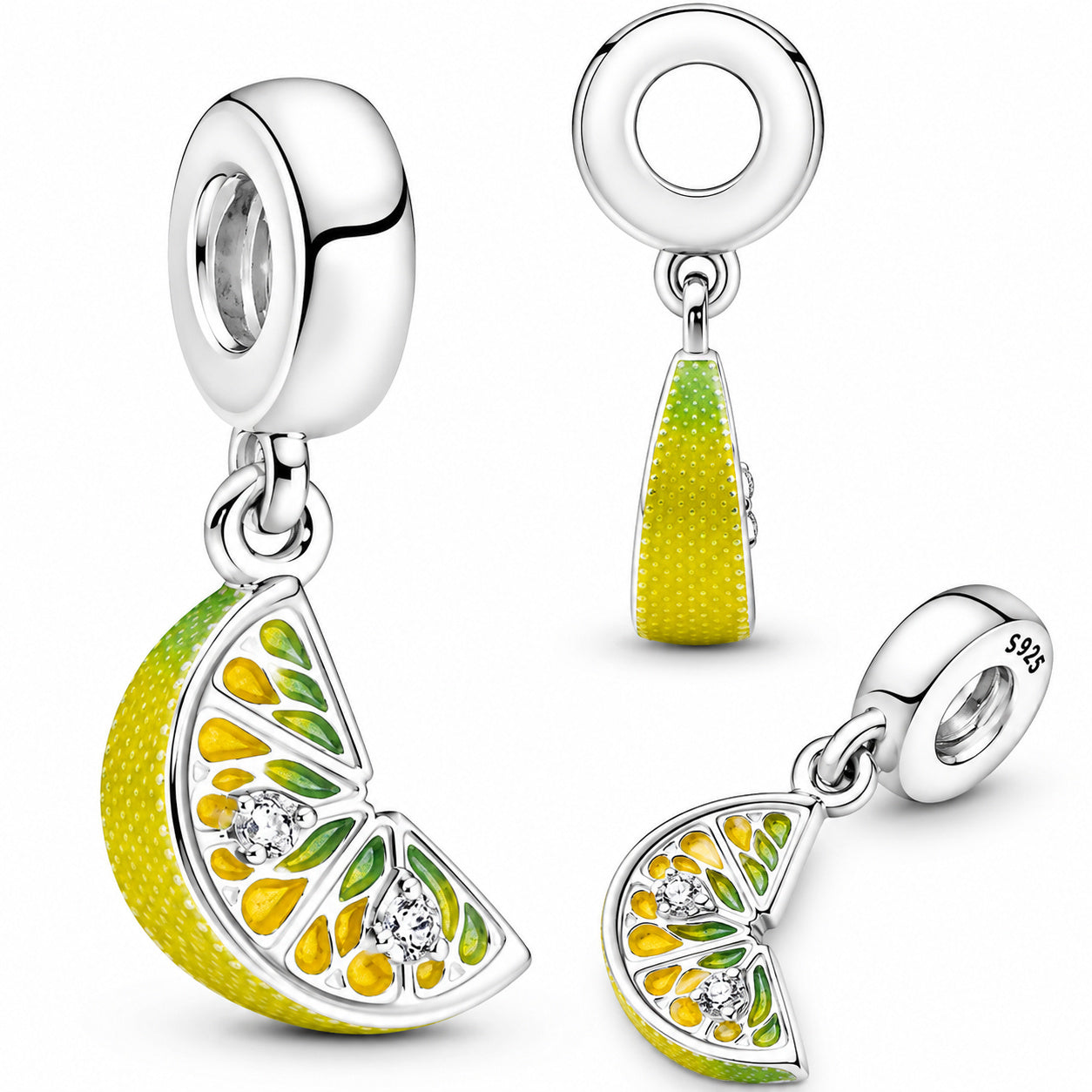 Lemon Slice Sparkling Fruit Dangle Charm S925 Sterling Silver