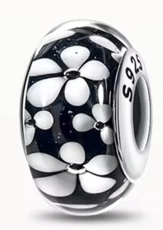 Black & White Flower Murano Charm Hallmarked S925 Sterling Silver