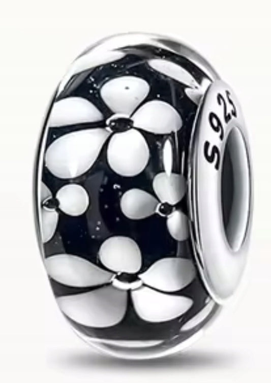 Black & White Flower Murano Charm Hallmarked S925 Sterling Silver