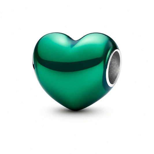 Metallic Green Heart Charm Hallmarked S925 Sterling Silver