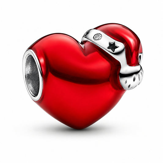 Metallic Red Christmas Heart Charm Hallmarked S925 Sterling Silver