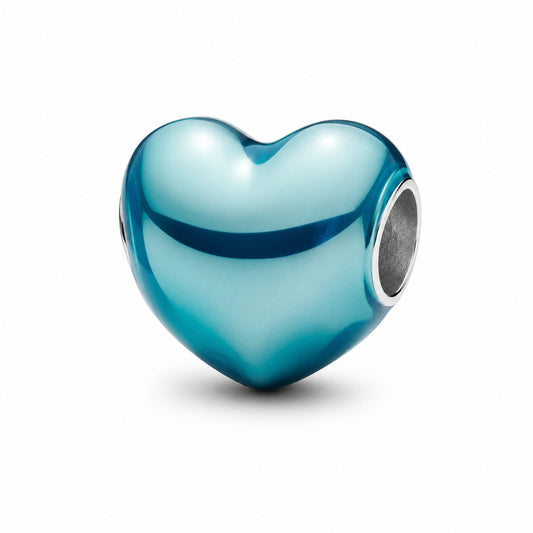 Metallic Sky Blue Heart Charm Hallmarked S925 Sterling Silver