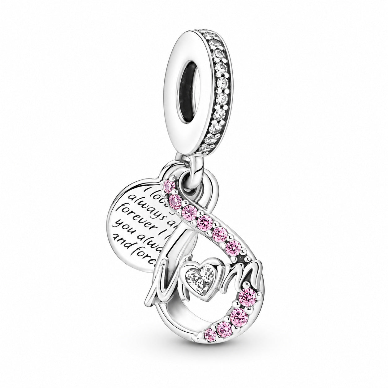 Mom Infinity Pave Double Dangle Charm Hallmarked S925 Sterling Silver