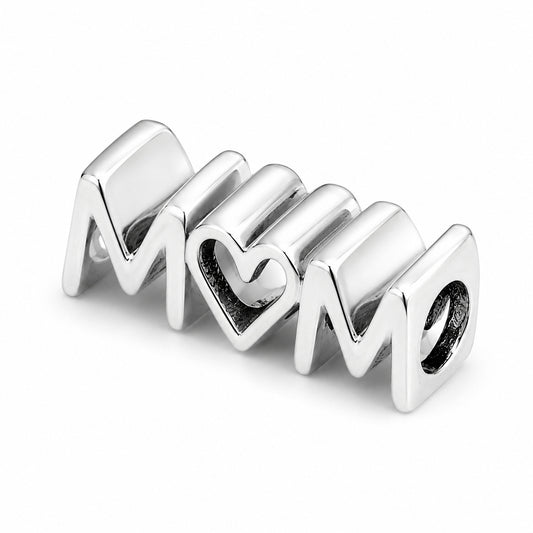 Mom Script Heart Charm Hallmarked S925 Sterling Silver
