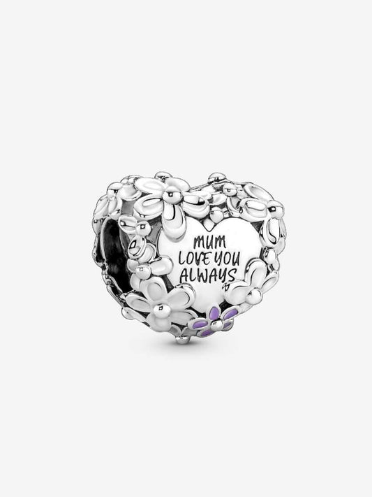 Mum Daisy Heart Charm Hallmarked S925 Sterling Silver