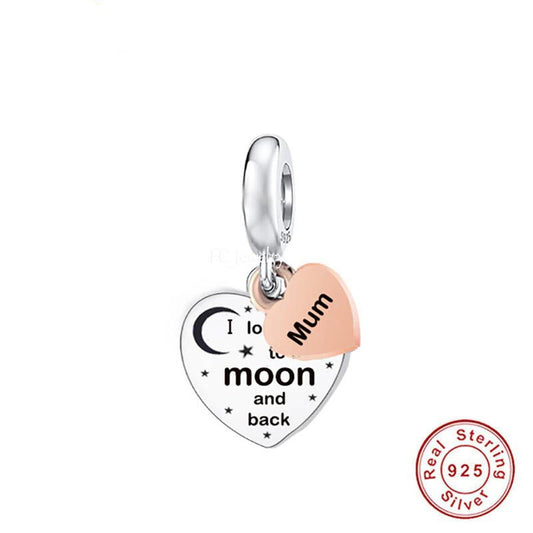 Mum Love You to the Moon and Back Charm Hallmarked S925 Sterling Silver